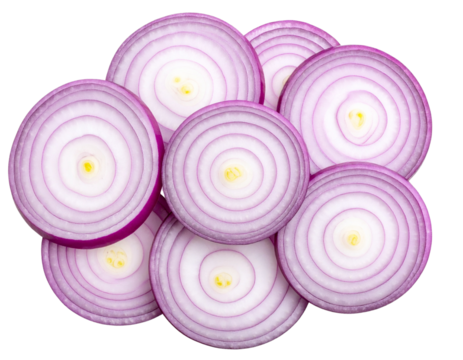 Raw Onion Rings Sliced in Perfect Circles, isolated on transparent background