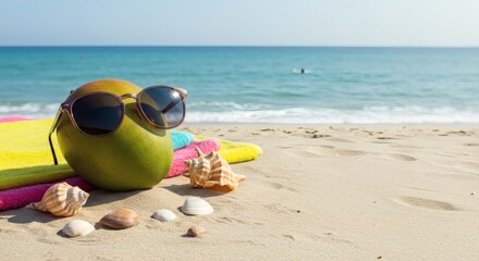 Obraz premium A mango with sunglasses enjoys a relaxing day at the beach with seashells and the ocean.