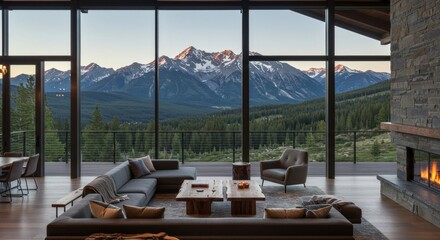 Luxury hotel living room with fireplace, expansive sea view from a large window, and modern interior design