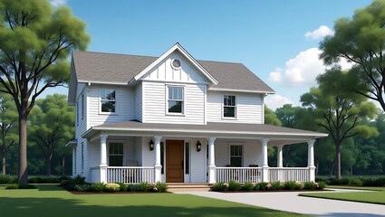Fototapeta premium Charming White Farmhouse with Front Porch in a Picturesque Setting