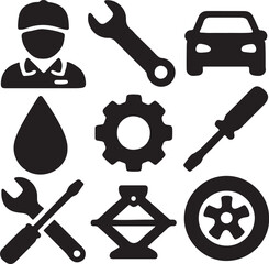 Mechanic and automotive service icon set. Containing mechanic avatar, gear with wrench, screwdriver, oil drop, battery, overalls, and toolbox symbols. Garage and vehicle repair silhouettes. Solid icon