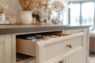 Beige home living room interior with empty space drawer with decoration. A white dresser with a drawer open and a vase of flowers.