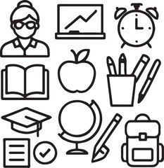 Online education icon set. Containing teacher avatar, school blackboard, apple, and textbook symbols. E-learning and digital education icons. Solid icon collection.