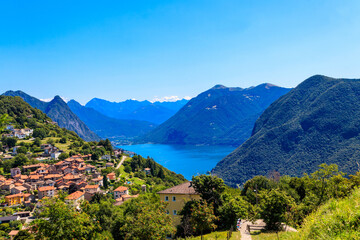 Scenic view of lake Lugano from Monte Bre mountain in Ticino canton, Switzerland