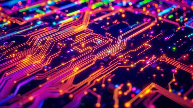 Circuit board chip with neon wires, high-tech AI-generated video background for design - arri&egrave;re-plan vid&eacute;o high-tech g&eacute;n&eacute;r&eacute; par IA