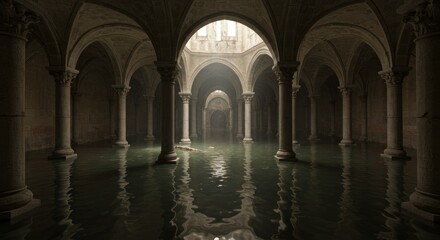 Interior of St John the Baptist's Church: a historic European Gothic cathedral's ancient stone arches and columns bathed in light