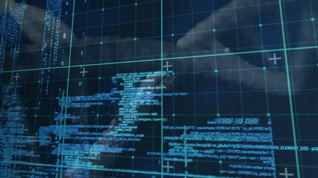 Developer hands entering from right tapping keys on glass panel shifting code blocks merging code