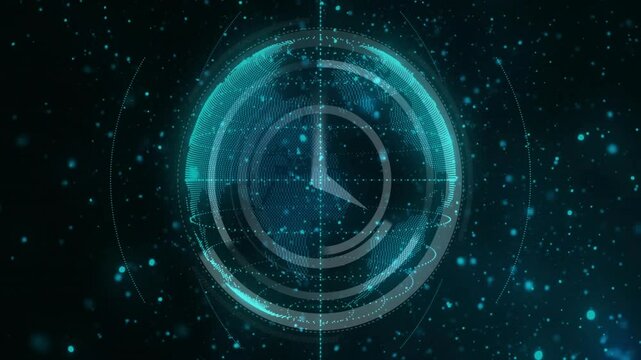 Faint teal particles initiating clock formation, rings rotating, globe emerging and displaying time