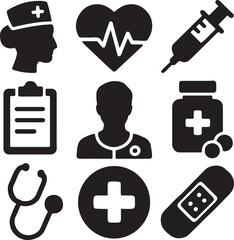 Medical and healthcare icon set. Containing syringe, nurse, heart with ECG, stethoscope, medicine bottle, and doctor symbols. Hospital and health service silhouettes. Solid icon collection.