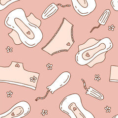 Women period doodle seamless pattern in flat style. Tampons and pads gynecological hygiene products template. Hand drawn vector background.