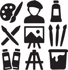 Art and painting icon set. Containing artist head silhouette, easel, paint palette with color blobs, and paintbrush symbols. Creative expression and fine arts silhouettes. Solid icon collection.