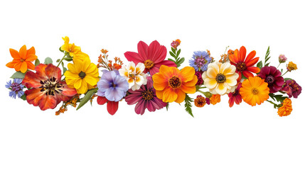 Bright flat lay of colorful summer florals forming a border isolated on a transparent background