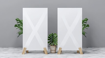 Blank white panels displayed on wooden stands.