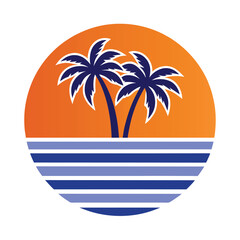 Orange Sunset Palm Trees Blue Ocean Stripes Circle Graphic