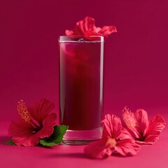 Vibrant Red Hibiscus Drink Surrounded by Fresh Hibiscus Flowers