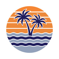 Two Palm Trees Silhouette Orange Sunset Ocean Waves Retro Design