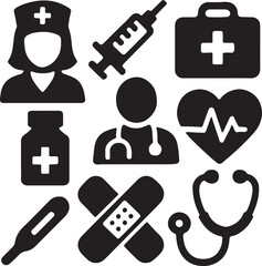 Medical and healthcare icon set. Containing syringe, nurse, heart with ECG, stethoscope, medicine bottle, and doctor symbols. Hospital and health service silhouettes. Solid icon collection.