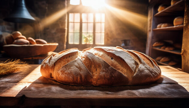 Freshly baked artisan bread in warm rustic setting