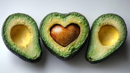 Three halved avocados arranged in a row, a heart-shaped cavity in the center one