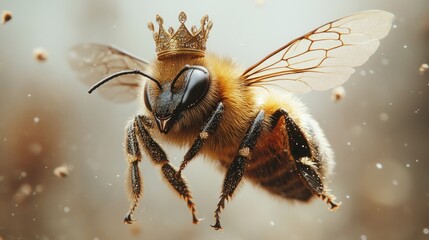 A bee wearing a crown, in flight.  Detailed close-up