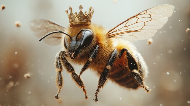 A bee wearing a crown, in flight.  Detailed close-up