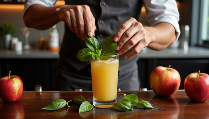 Bartender muddling basil for apple mocktail at modern bar, refreshing drink