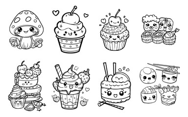 Kawaii mushroom cupcakes ice cream and sushi with cute faces