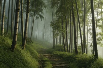 Obraz premium Misty bamboo forest path