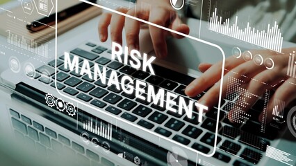 Focused Person Typing on Laptop with Overlaid Risk Management Graphics and Data Analysis Elements. Asymptotic smart data analytic.