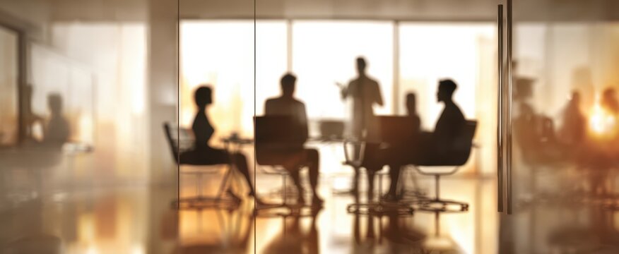 The silhouettes of professionals engaged in a collaborative meeting at sunset.