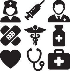 Medical and healthcare icon set. Containing syringe, nurse, heart with ECG, stethoscope, medicine bottle, and doctor symbols. Hospital and health service silhouettes. Solid icon collection.