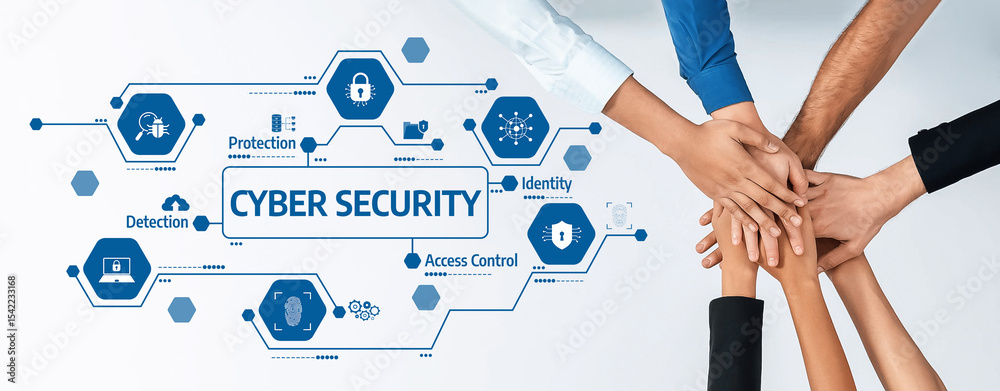 Poster a collaborative effort demonstrated through hands stacked together, symbolizing teamwork in cyber se
