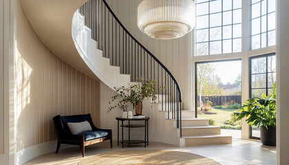 Elegant entrance to a modern home with a stunning curved staircase and large windows, highlighting natural light and sophisticated design. Ideal for architecture, interior design and luxury real estat