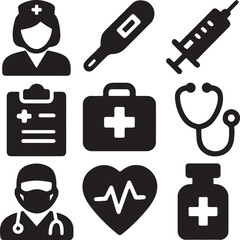 Medical and healthcare icon set. Containing syringe, nurse, heart with ECG, stethoscope, medicine bottle, and doctor symbols. Hospital and health service silhouettes. Solid icon collection.