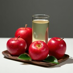 Fresh Red Apples with Juice in Clear Glass on Wooden Tray