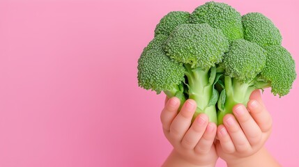 Child's hands holding fresh broccoli against pastel pink background