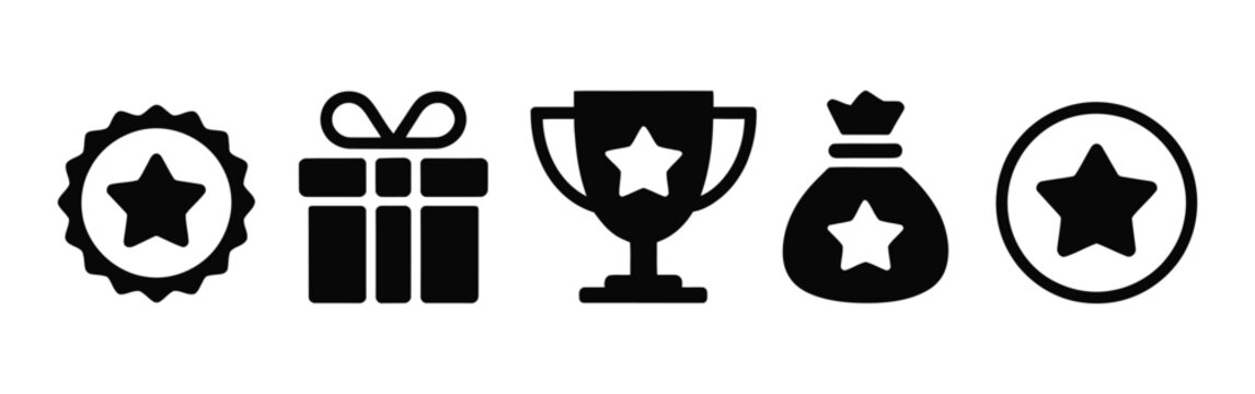 Reward and Bonus Icons Set - Achievement, Gift, Trophy, Star Symbols

