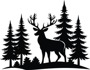 deer with pine trees and forest scenery  black silhouette vector illustration