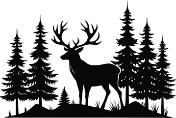 Obraz premium deer with pine trees and forest scenery black silhouette vector illustration