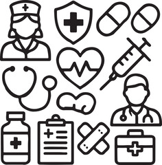 Healthcare and medical icon set. Containing nurse avatar, stethoscope, heart with medical cross, and medicine bottle symbols. Solid health and hospital silhouettes.