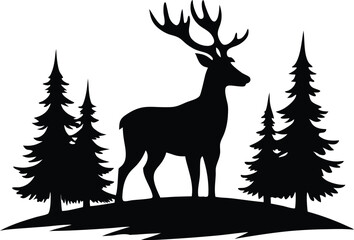 deer with pine trees and forest scenery  black silhouette vector illustration