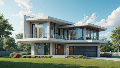 Modern luxury residential architecture with an exterior design featuring a garden, lawn, and sky on a sunny summer day