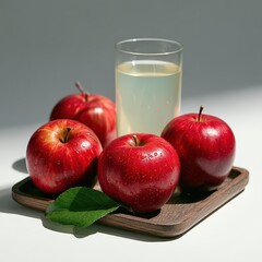 Fresh Red Apples and Clear Juice on Wooden Tray with Green Leaf