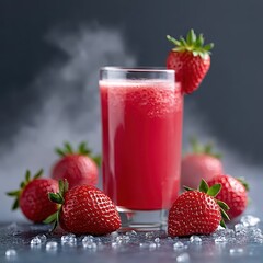 Fresh Strawberry Juice in Glass with Strawberries on Table