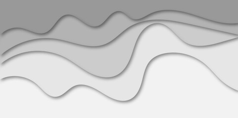 Abstract flowing wave layers in grayscale with soft shadows create a modern 3D paper-cut effect. Use as a minimalistic background for design, technology, or corporate presentation themes.