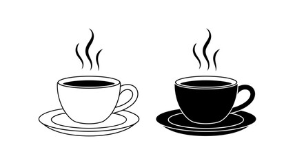 Steaming Coffee or Tea Cup Outline and Solid Vector Icons - Hot Drink Symbol