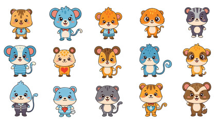 Cartoonish mice and bear characters in various colors and outfits standing upright.
