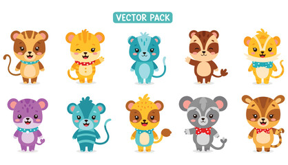Ten uniquely colored cartoon animals with varied patterns and accessories.