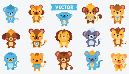 Cartoon Animals Collection Bears Monkeys Lions Dogs and More in Vector Style.