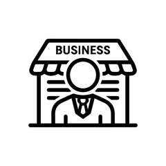 Line drawing store facade with BUSINESS sign headless figure in a suit behind counter